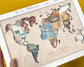 Wedding money gift idea - a world map as a money gift for the honeymoon // Money gift packaging