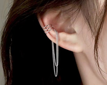 Ear Cuff Chain Earrings - Long Chain Ear Cuffs - Silver Ear Cuffs - Ear Cuff No Piercing - Conch Piercing - Ear Crawler - Fake Piercing