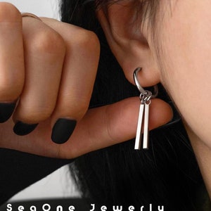 Bar Dangle Hoop Earrings - Huggie Hoop Earrings - Dainty Hoop Earrings - Minimalist Earrings - Silver Hoop Earring - Black Hoop Earring