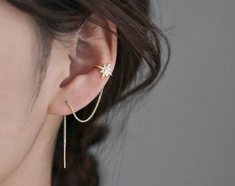 Fashion Handcuff Rhinestone Hoop Earrings Boho Piercing Multiclor Gold Long Chain Crystal Double Piercing Chain Drop Earrings for Women Men Party Gifts Jewelry