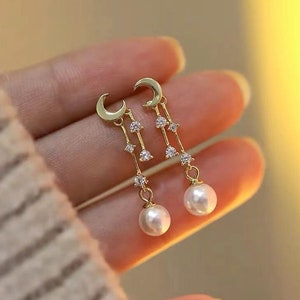 Crescent Moon Dangle Earrings - Dainty Pearl Dangle Earrings - Moon Pearl Drop Earring - CZ Dangle Earring - Wedding Earring