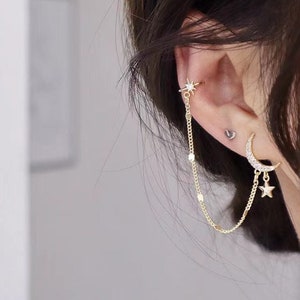 Moon & Stars Threader Earrings With Ear Cuff - Star Chain Drop Earrings - Chain Ear Cuffs - Cartilage Earring - Star Dangle Earrings