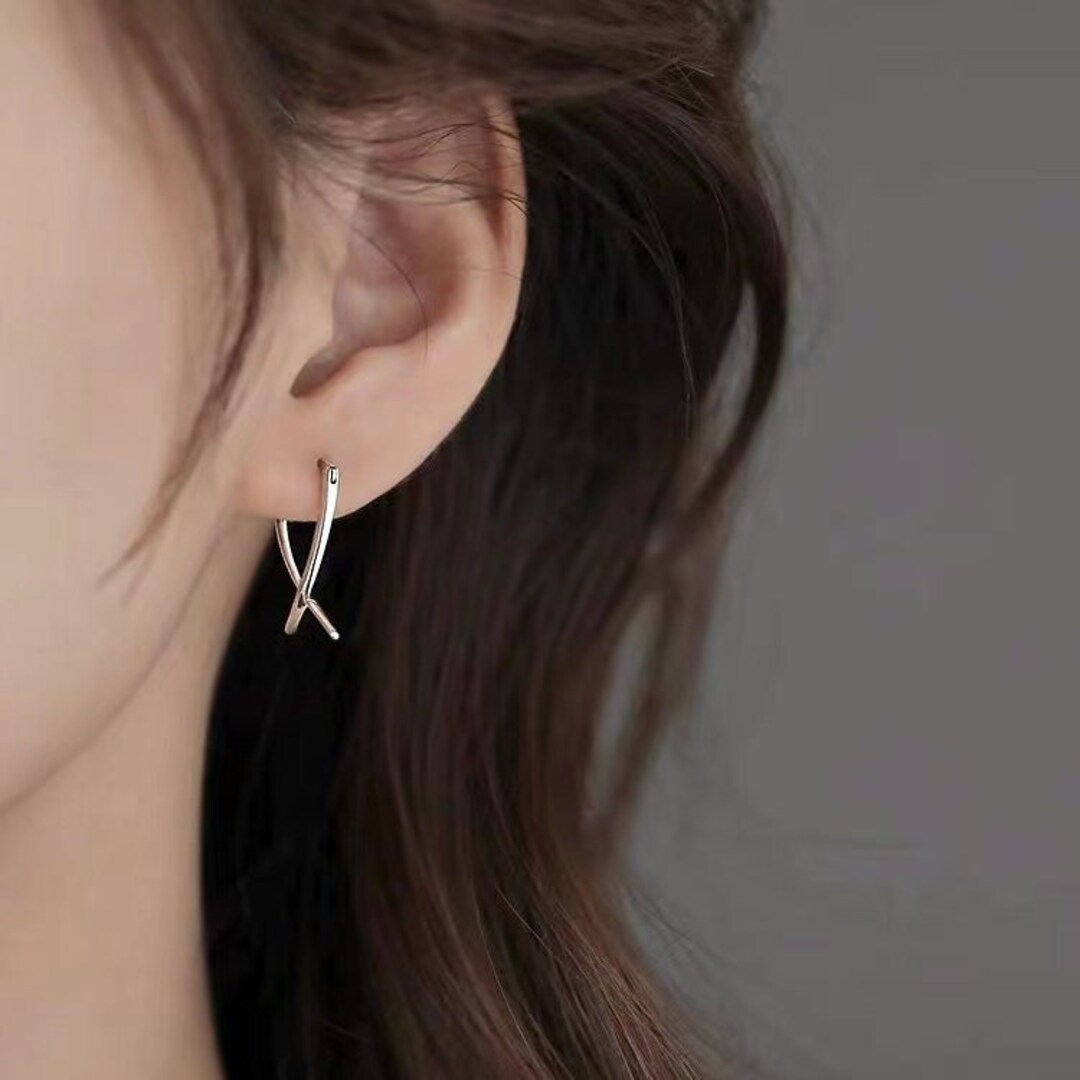 Geometric Cross Hoops Earrings Minimalist Earrings Skinny Earrings Sterling Silver Dangle ...