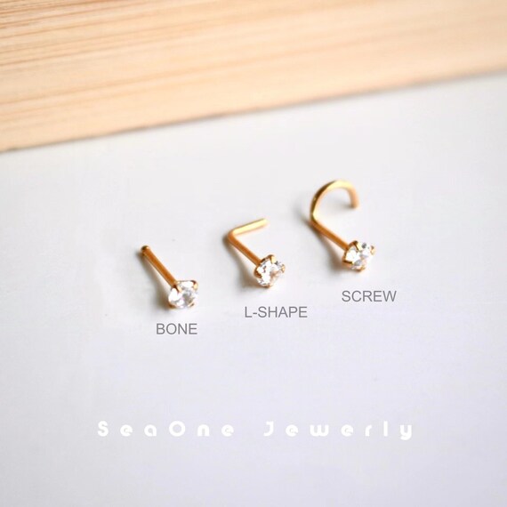 Titanium L Bend Nose Stud Rings with 3mm Prong Triangle CZ