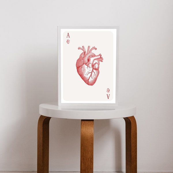 Ace of Hearts | Playing card print, Anatomical heart print, Aesthetic room decor, Simple wall art, Red and white, Retro print, Minimal print