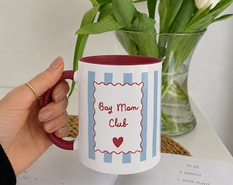 Boy Mom Club Mug, Gift for Mom and Boy, Coffee Mug for Mom, Cute Mom Mug, Pink and Blue Stripes, Mother and Son Gift