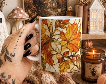 Caneca de Vitral com Folhas de Outono, Xícara de Outono, Vitral, Folhas de Bordo, Decoração Campestre de Outono, Presente para Amantes do Outono