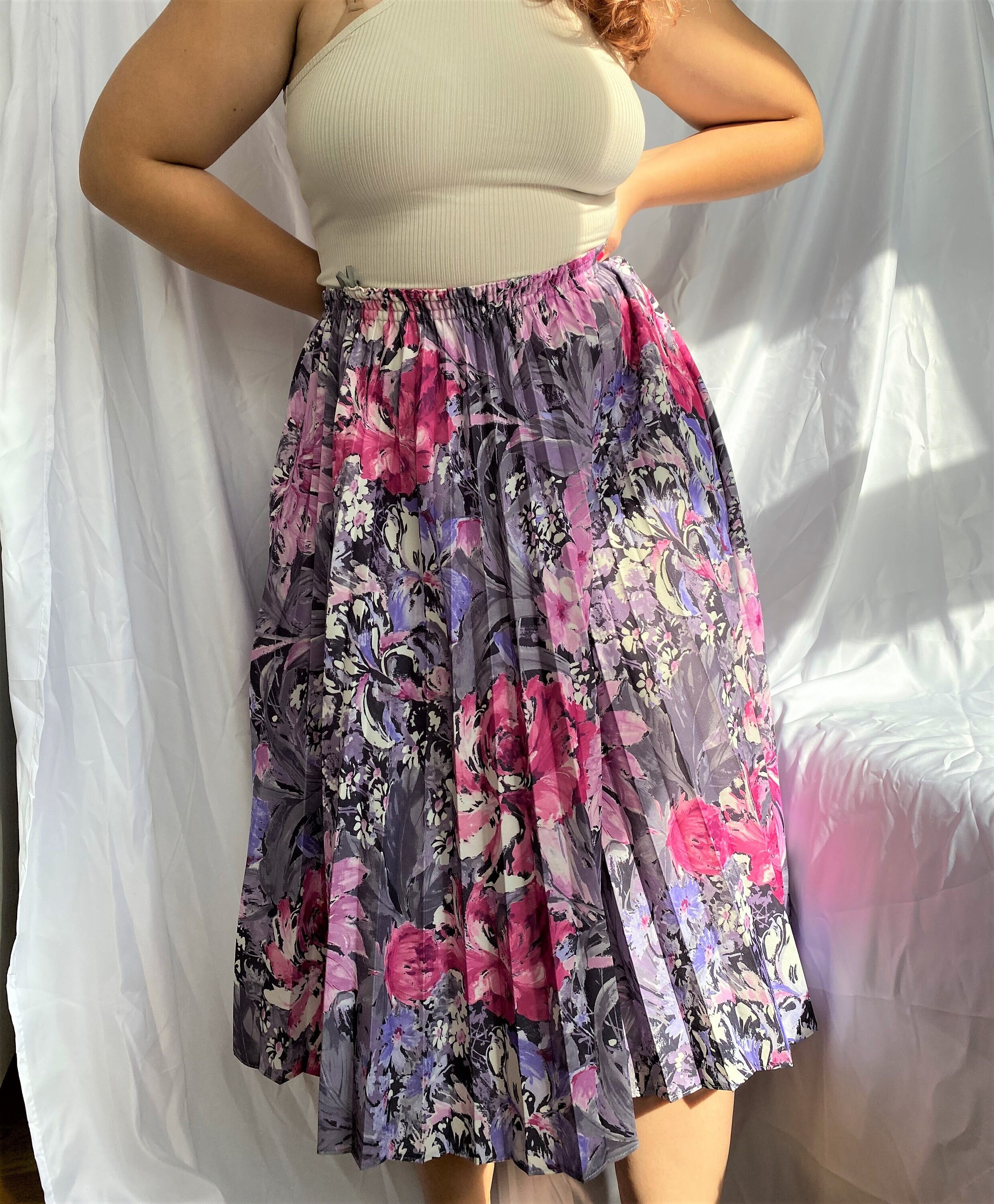 Vintage 80s Pleated Midi Skirt With Maximalist Tropical Flower Etsy UK