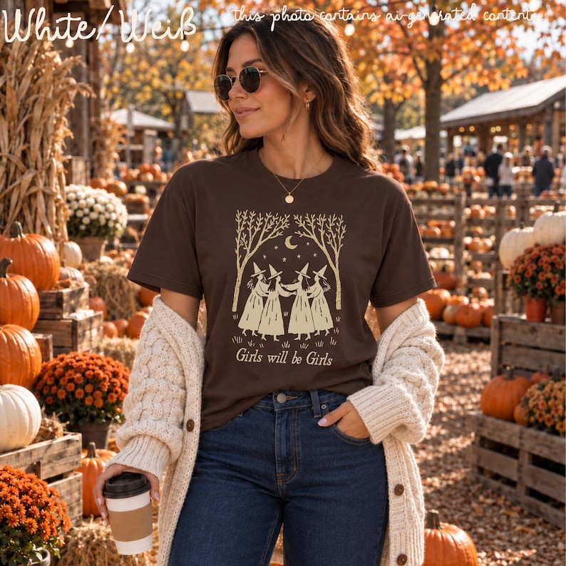 Op de afbeelding: Een donkerbruin T-shirt met korte mouwen en een cr&egrave;mekleurige afbeelding van vier heksen in jurken die elkaars hand vasthouden in een cirkel onder bomen en een maansikkel, met de tekst Girls will be Girls onder de illustratie.