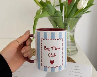 Boy Mom Club Tasse, Geschenk Mama Junge, Kaffeebecher Mama, Cute Mom Mug, Rosa Blau Streifen, Geschenk Mutter Sohn