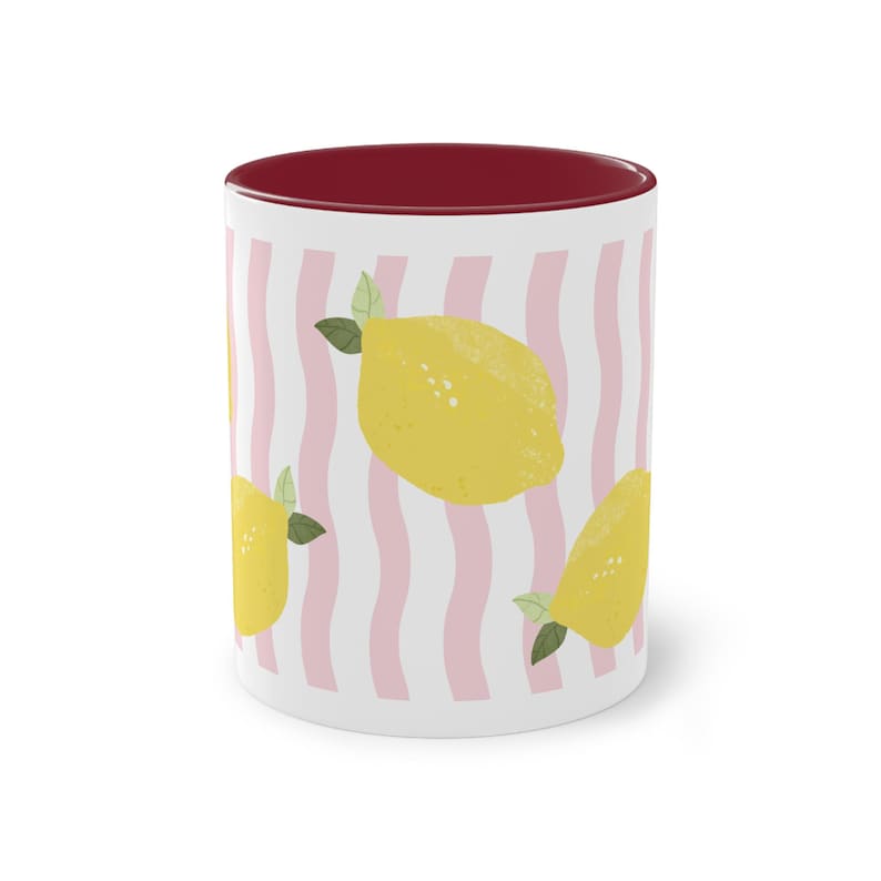 Zitronen Tasse | Sommer Keramiktasse mit Zitronen Print | Gestreifter Kaffeebecher | Lemon Mug | Geschenk für Dolce Vita Sommer Bild 2