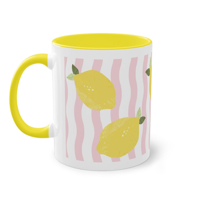 Zitronen Tasse | Sommer Keramiktasse mit Zitronen Print | Gestreifter Kaffeebecher | Lemon Mug | Geschenk für Dolce Vita Sommer Bild 6