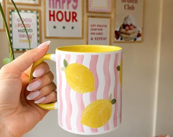 Lemon Mug | Summer Ceramic Mug with Lemon Print | Striped Coffee Mug | Lemon Mug | Gift for Dolce Vita Summer