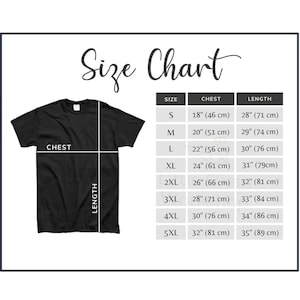 May include: A black t-shirt with a size chart. The chart lists chest and length measurements in inches and centimeters for sizes S through 5XL. The text "Size Chart" is at the top.