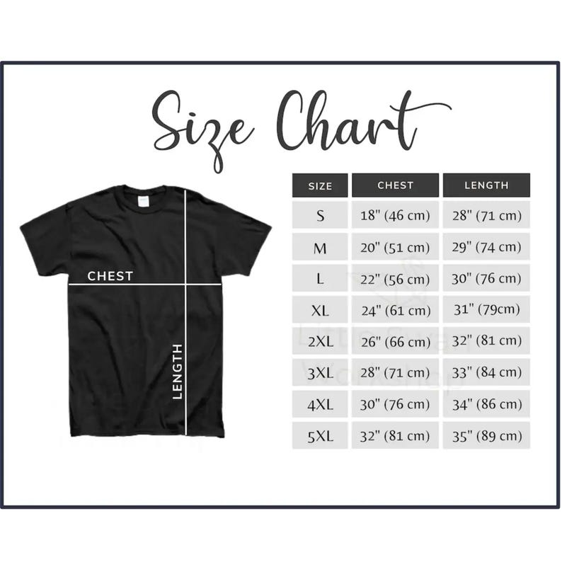 May include: A black t-shirt with a size chart. The chart lists chest and length measurements in inches and centimeters for sizes S through 5XL. The text "Size Chart" is at the top.