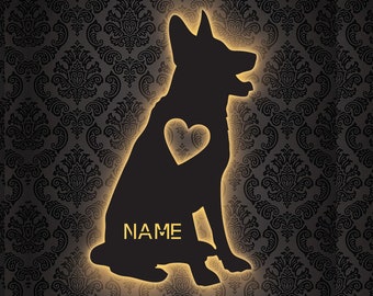 Schäferhund Schlummerlicht Hund personalisiert mit Name Led Lasergravur aus Holz Nachtlicht Geschenk Wandschild