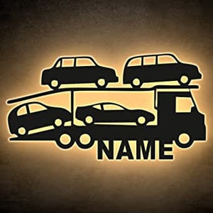 Led Deko Lampen Nachtlicht LKW Autotransporter Geschenke personalisiert mit Wunschname Auto PKW Lasergravur Schlummerlicht Abschleppdienst