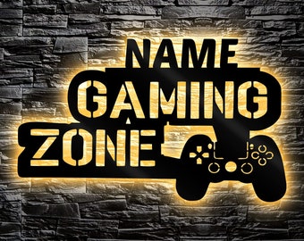 Gaming Zone LED Schild mit Wunschname  Gamer Geschenke Zimmer Beleuchtung Wandleuchte für Männerhöhle Wohnzimmer Zockerbude Videogame Zocken