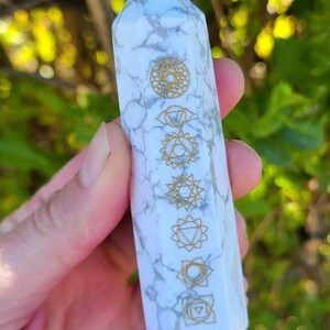 Howlite Crystal Tower: Engraved Chakra Obelisk, Calming Stone (3.5&quot;)