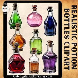 Magic potion clipart, realistic potion bottle clipart, alchemy clipart, alchemist clipart, apothecary bottles clipart, elixir flasks clipart