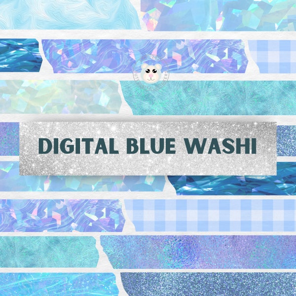 Blue Digital Washi Tape Sticker Clipart, Blue washi PNGs, Blue Washi Stickers for digital planner | Digital Planner Decorations