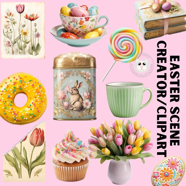 Easter scene creator. Realistic easter clipart, cute easter digital sticker set PNG, spring clipart easter