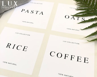 May include: Four white square labels with black text. The labels are for "Pasta", "Oats", "Rice", and "Coffee". Each label says "LUX COLLECTION" and "100% NATURAL".