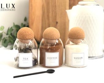 Kitchen Storage Jars | Cork Ball Glass Jars | Tea Coffee Sugar Containers | Personalised Jars | Food Storage Jar Gift For Her Birthday Gift