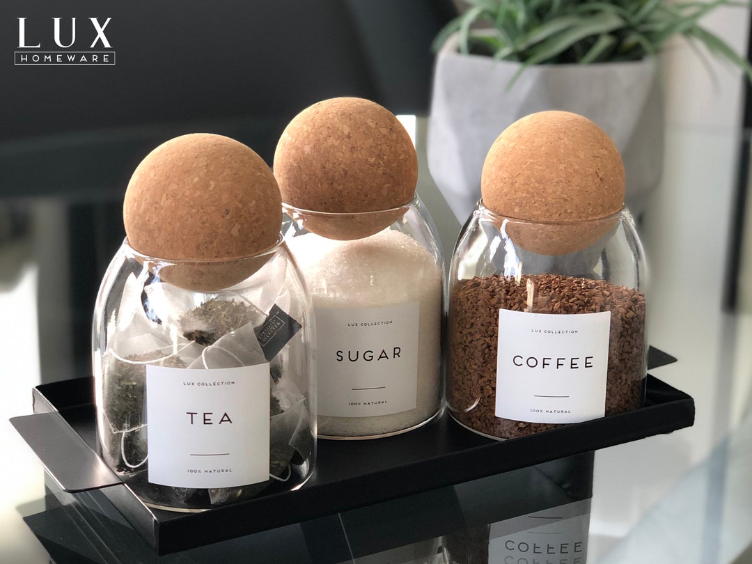 Tea Coffee Sugar CORK BALL Glass Storage Jars Personalised - Etsy UK