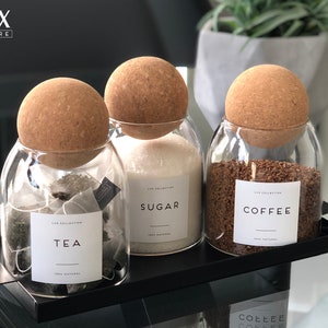 Tea | Coffee | Sugar CORK BALL Glass Storage Jars Personalised Waterproof White Label Kitchen Pantry Containers Food Jars labelled Reusable