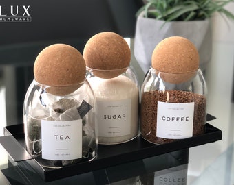 Tea | Coffee | Sugar CORK BALL Glass Storage Jars Personalised Waterproof White Label Kitchen Pantry Containers Food Jars labelled Reusable