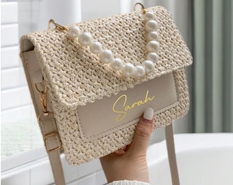 Personalised Bridal Bag, Pearl Handbag,  Bridesmaid Wedding Gift, Bridal Party Bag, Wedding Day Crossbody, Gift for Her, Summer Clutch Bag