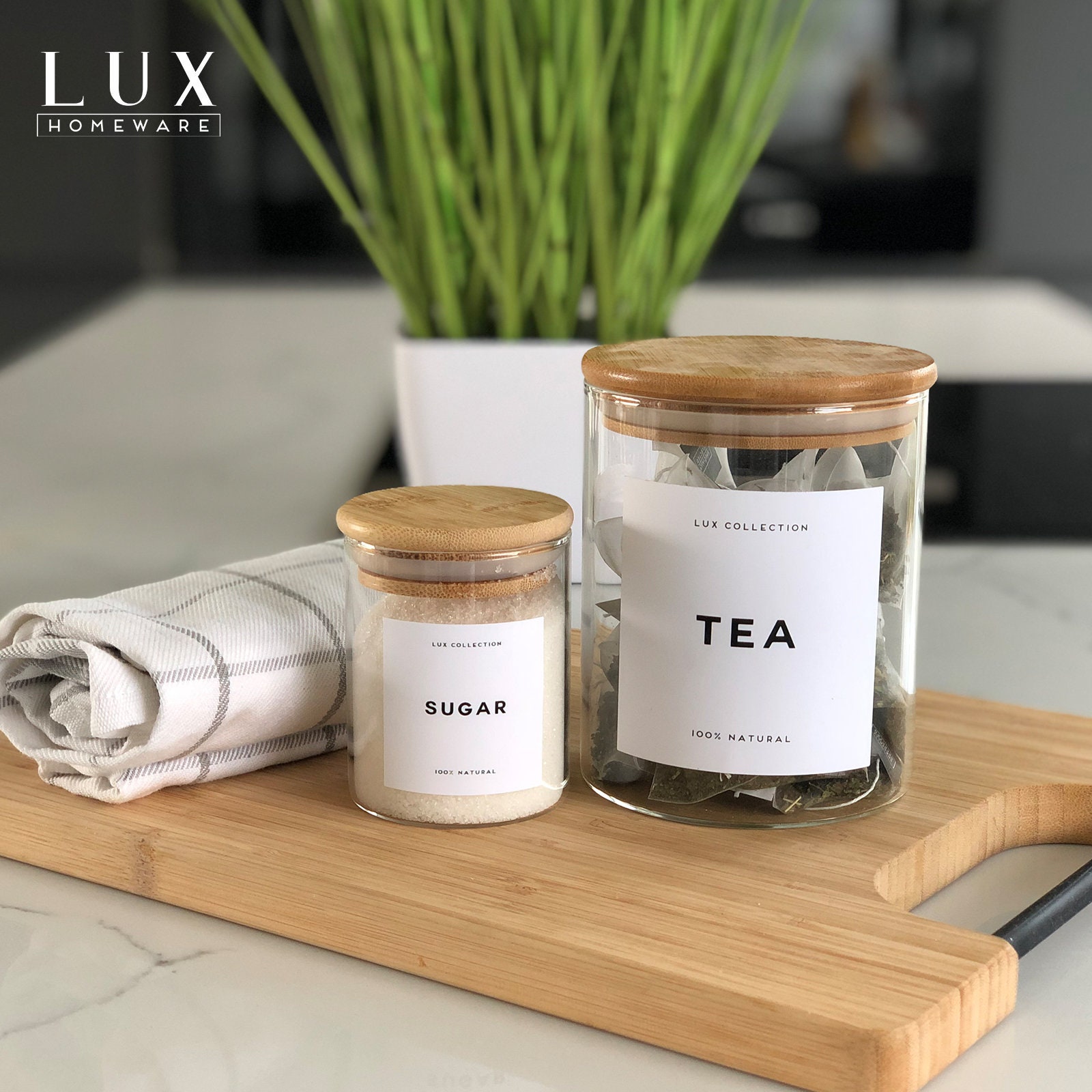 Glass Jar With a Bamboo Lid and a Spoon 500ml Tea Coffee Sugar Personalised  Pantry Label Kitchen Food Storage Homeware Eco Friendly 