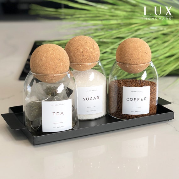 Glass Jar With a Bamboo Lid and a Spoon 500ml Tea Coffee Sugar Personalised  Pantry Label Kitchen Food Storage Homeware Eco Friendly 