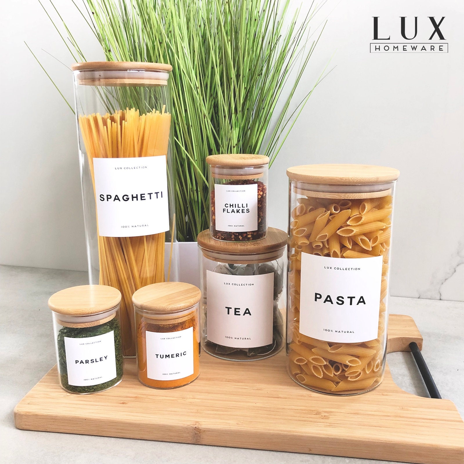 Glass Herb and Spice Jar With Personalised Waterproof Minimalist Label  200ml Airtight Natural Bamboo Lid 