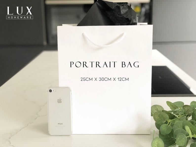May include: White paper gift bag with black text that reads "PORTRAIT BAG 25CM X 30CM X 12CM" and the brand name "LUX HOMEWARE" in the top left corner.