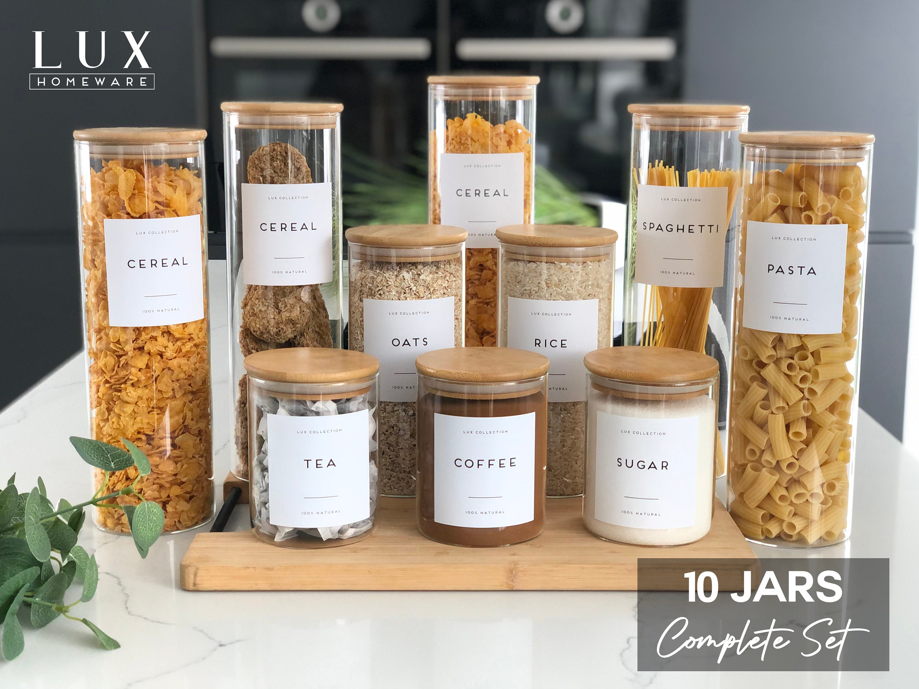 10 Jar Essentials Set Bamboo Lid Glass Storage Jars Personalised ...