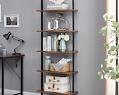 Industrial Ladder Shelf, 5-Tier Wood Wall-Mounted Bookcase with Stable Metal Frame, Display Plant Flower, Stand Bookshelf for Home Office