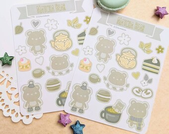 Matcha Bear Sticker Sheet | cute bear sticker sheet | Daily planner | Scrapbooking | Bullet Journal stickers | Journaling