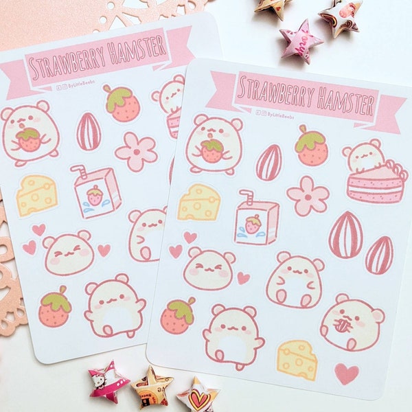 Strawberry Hamster Sticker Sheet | cute hamster stickers | Daily planner | Scrapbooking | Bullet Journal stickers | Journaling