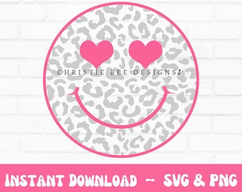 Visage Smiley Rétro avec Yeux Léopard et Cœur Svg Png, Visage Smiley de la Saint-Valentin Svg Png, Mignon Rose Smiley Visage Cœurs
