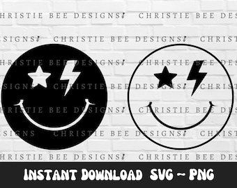 Smiley Face Rockstar Eyes SVG PNG, Smiley Face with Star and Lightning Bolt SVG Png, Retro Rockstar Smiley Face svg png