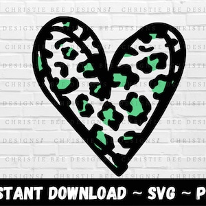 May include: A black and white heart-shaped design with a green leopard print pattern. The design is outlined in black and has a white background.