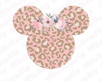Pink and Tan Leopard Cheetah Mouse Ears with Flowers, Leopard Print Ears, Sublimation Mouse Ears for Girls