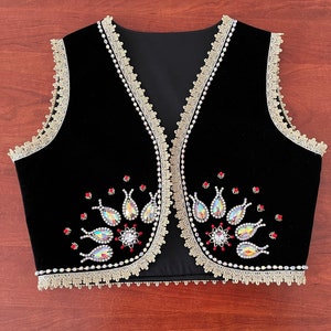 Handmade Velvet Vest, Beaded-sequin Floral Embroidered Black