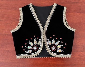 ハンドメイドベルベットベスト：花柄刺繍ストーンワークジャケット