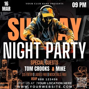 Könnte beinhalten: Ein Flyer für eine "Sunday Night Party" mit den Special Guests Tom Crooks und Mike. Der Flyer zeigt einen DJ, der eine schwarze Jacke und eine gelbe Baseballkappe trägt, mit dem Datum "16 MAR" und der Uhrzeit "09 PM".