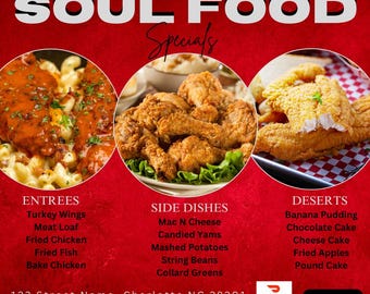 Dinner Special Flyer, Dinner Special Template, Marketing Canva Template, Flyer, Soul Food flyer, Editable Social Media Post Soul Food