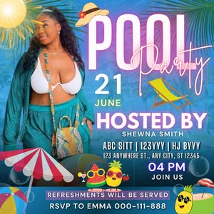 Op de afbeelding: Een uitnodiging voor een zwembadfeest met een turquoise en paarse gradiënt achtergrond. De tekst "POOL PARTY" staat in grote, gestileerde letters. De datum is 21 juni en het feest wordt georganiseerd door Shewna Smith. De tijd is 16:00 uur. Er worden verfrissingen geserveerd.