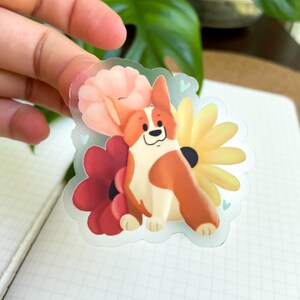 Corgi Pup Flower Sticker, Clear Die Cut Vinyl Waterproof Sticker, Dog Sticker, Flowers Sticker, Puppy Corgi Love Sticker, Dog Mom, Dog Dad